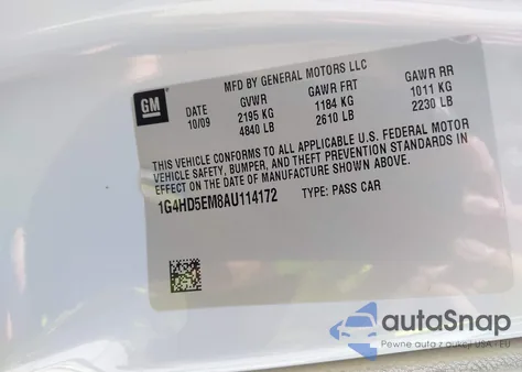 2010 Buick Lucerne Cxl Special Edition z USA, uszkodzony, nr VIN 1G4HD5EM8AU114172